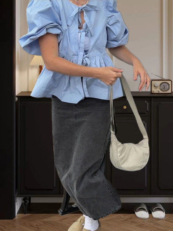 Blue Zone Planet | New Sweet Casual Strappy Round Neck Puff Sleeve Versatile Shirt kakaclo