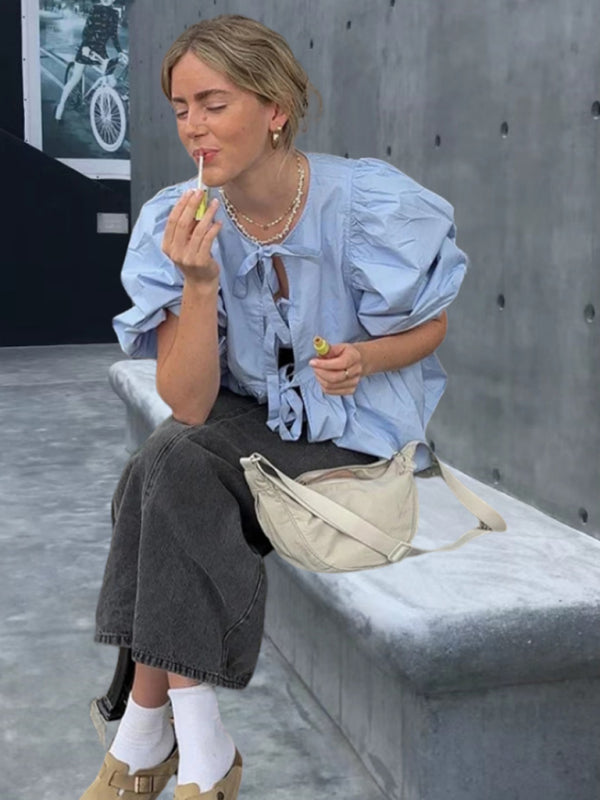 Blue Zone Planet | New Sweet Casual Strappy Round Neck Puff Sleeve Versatile Shirt kakaclo