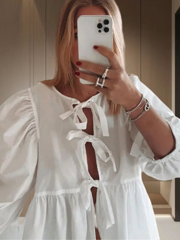 Blue Zone Planet | New Sweet Casual Strappy Round Neck Puff Sleeve Versatile Shirt kakaclo