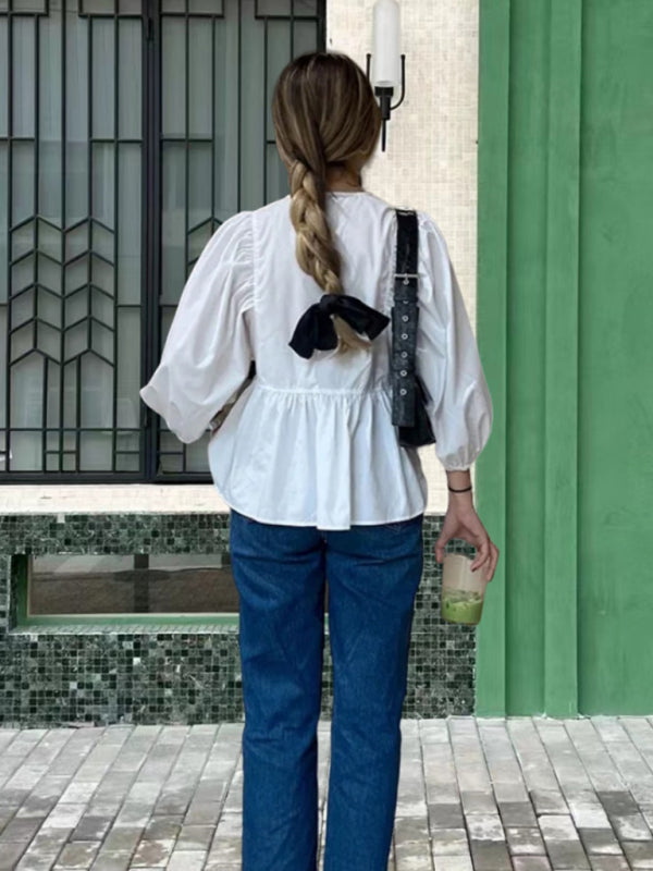 Blue Zone Planet | New Sweet Casual Strappy Round Neck Puff Sleeve Versatile Shirt kakaclo