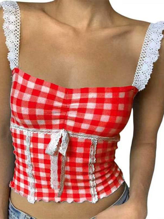 Blue Zone Planet | Mary's Plaid spliced lace small suspender crop top-CROP TOP-[Adult]-[Female]-Red-S-2022 Online Blue Zone Planet