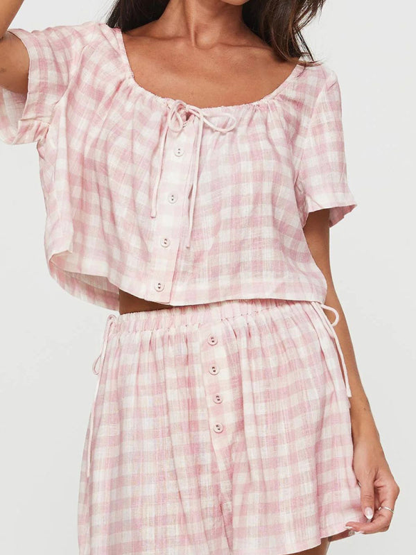 Blue Zone Planet | New Pink Plaid Bow Tie Top Breasted Button Shorts Casual Suit kakaclo