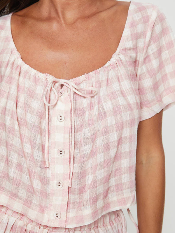 Blue Zone Planet | New Pink Plaid Bow Tie Top Breasted Button Shorts Casual Suit kakaclo