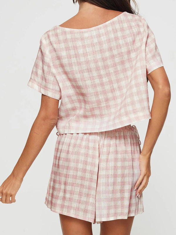 Blue Zone Planet | New Pink Plaid Bow Tie Top Breasted Button Shorts Casual Suit kakaclo