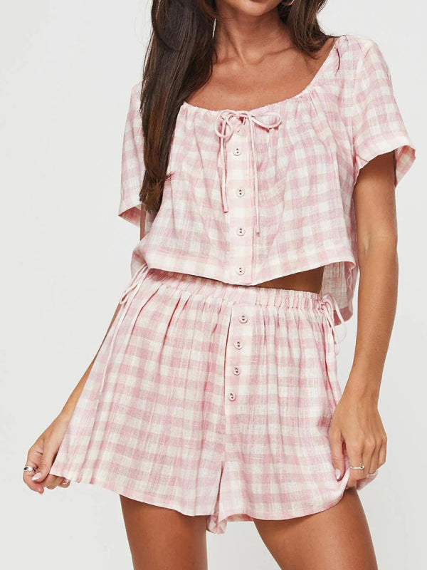Blue Zone Planet | New Pink Plaid Bow Tie Top Breasted Button Shorts Casual Suit kakaclo