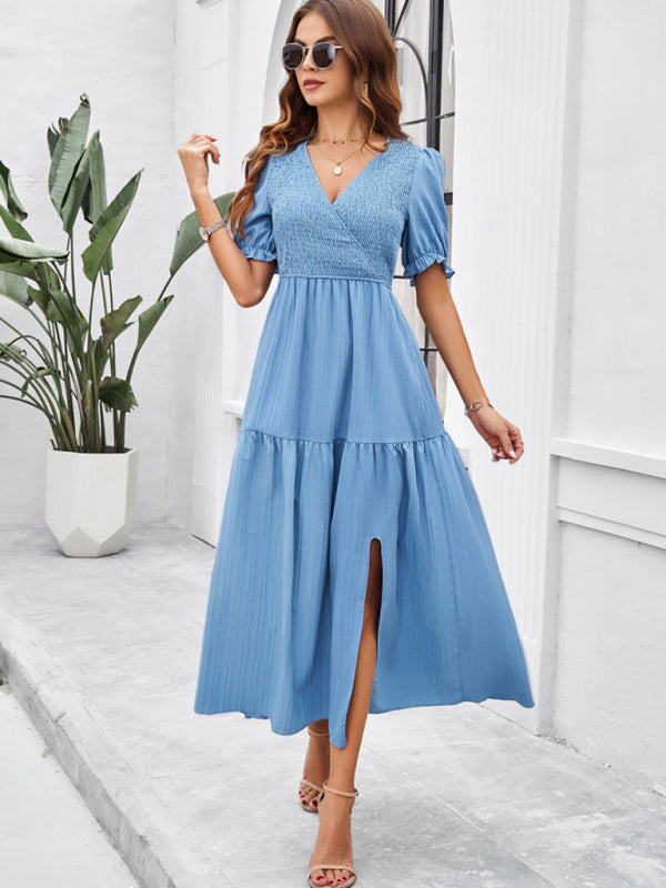 Blue Zone Planet | spring and summer solid color V-neck short-sleeved long skirt BLUE ZONE PLANET