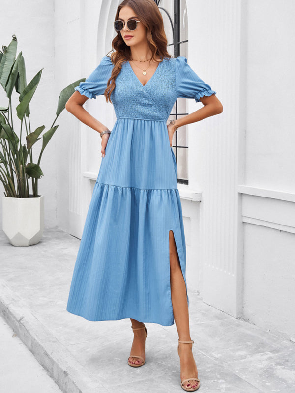 Blue Zone Planet | spring and summer solid color V-neck short-sleeved long skirt BLUE ZONE PLANET