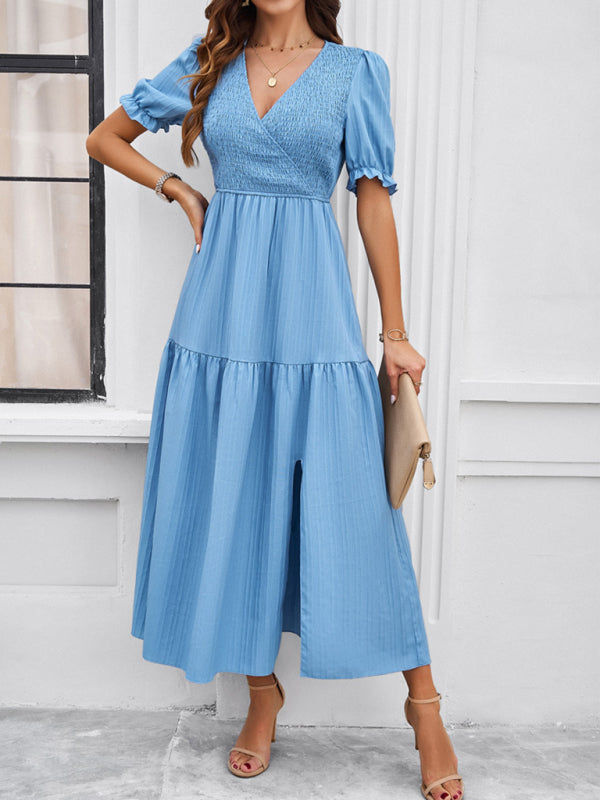 Blue Zone Planet | spring and summer solid color V-neck short-sleeved long skirt BLUE ZONE PLANET