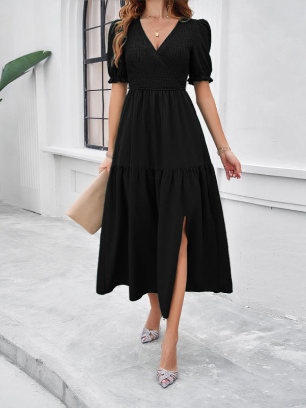 Blue Zone Planet | spring and summer solid color V-neck short-sleeved long skirt BLUE ZONE PLANET