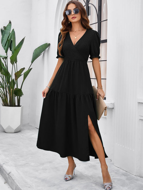 Blue Zone Planet | spring and summer solid color V-neck short-sleeved long skirt BLUE ZONE PLANET