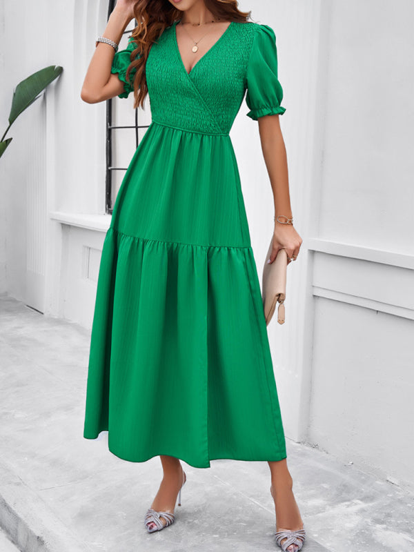Blue Zone Planet | spring and summer solid color V-neck short-sleeved long skirt BLUE ZONE PLANET