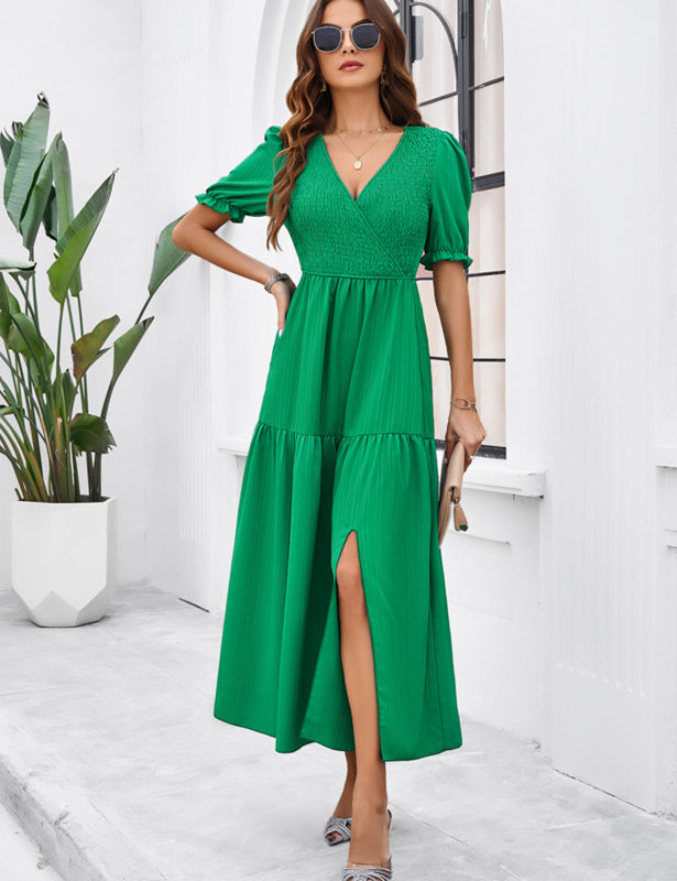 Blue Zone Planet | spring and summer solid color V-neck short-sleeved long skirt BLUE ZONE PLANET