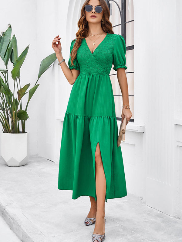 Blue Zone Planet | spring and summer solid color V-neck short-sleeved long skirt BLUE ZONE PLANET