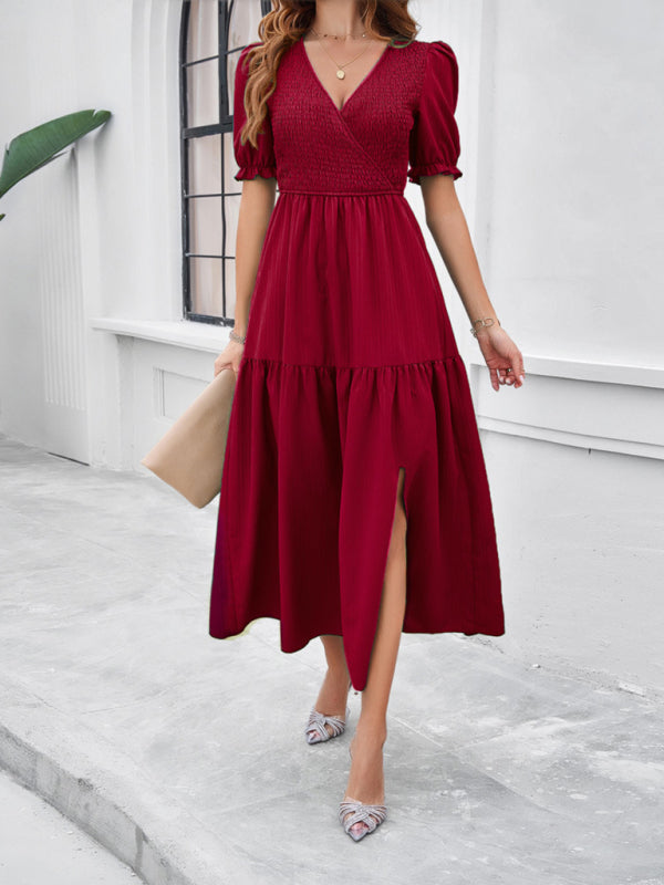 Blue Zone Planet | spring and summer solid color V-neck short-sleeved long skirt BLUE ZONE PLANET