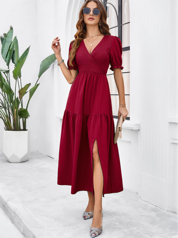 Blue Zone Planet | spring and summer solid color V-neck short-sleeved long skirt BLUE ZONE PLANET