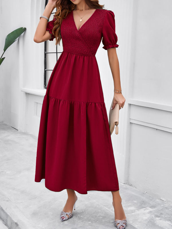 Blue Zone Planet | spring and summer solid color V-neck short-sleeved long skirt BLUE ZONE PLANET
