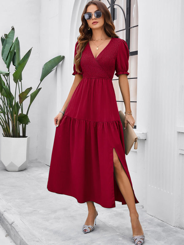 Blue Zone Planet | spring and summer solid color V-neck short-sleeved long skirt BLUE ZONE PLANET