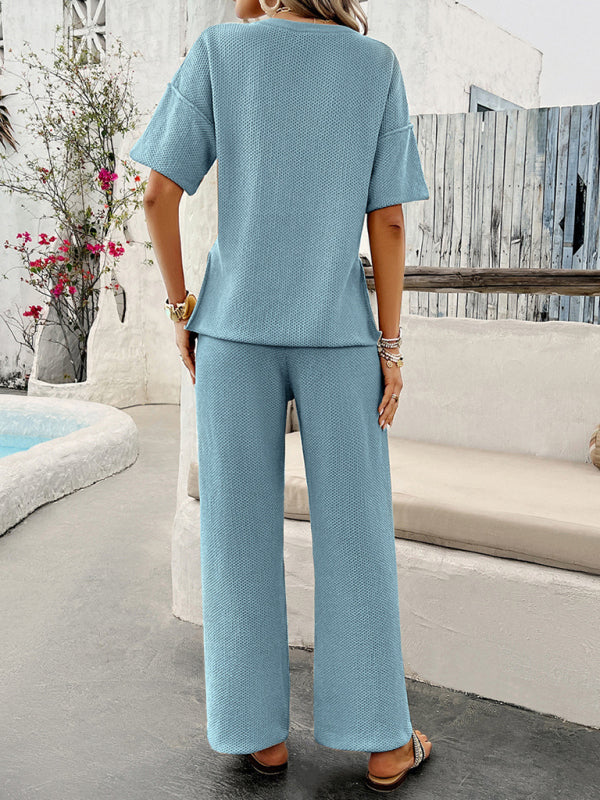 Blue Zone Planet | spring and summer solid color knitted short-sleeved trousers suit BLUE ZONE PLANET
