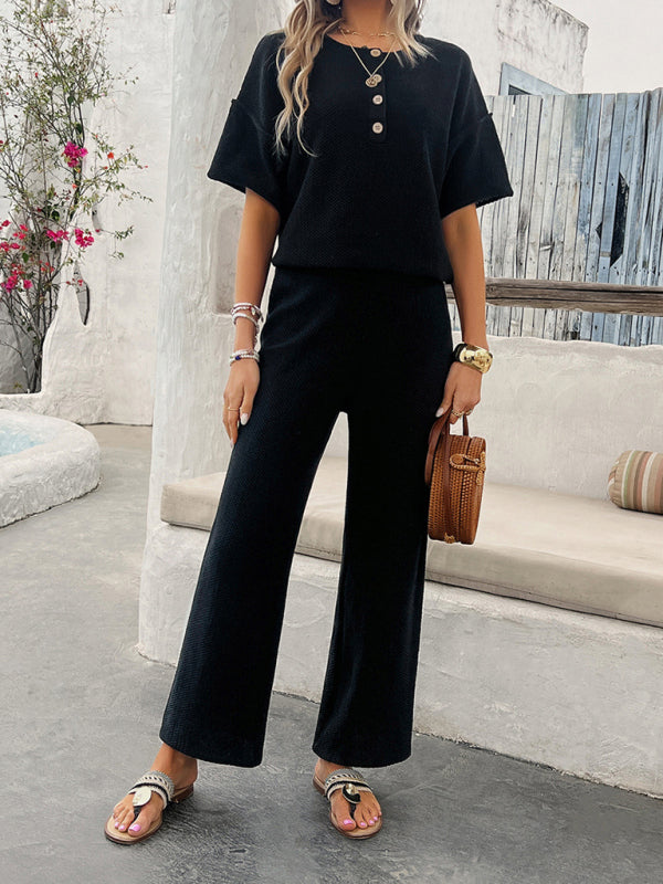 Blue Zone Planet | spring and summer solid color knitted short-sleeved trousers suit BLUE ZONE PLANET