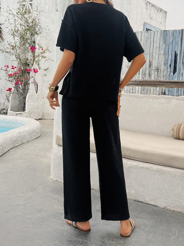 Blue Zone Planet | spring and summer solid color knitted short-sleeved trousers suit BLUE ZONE PLANET