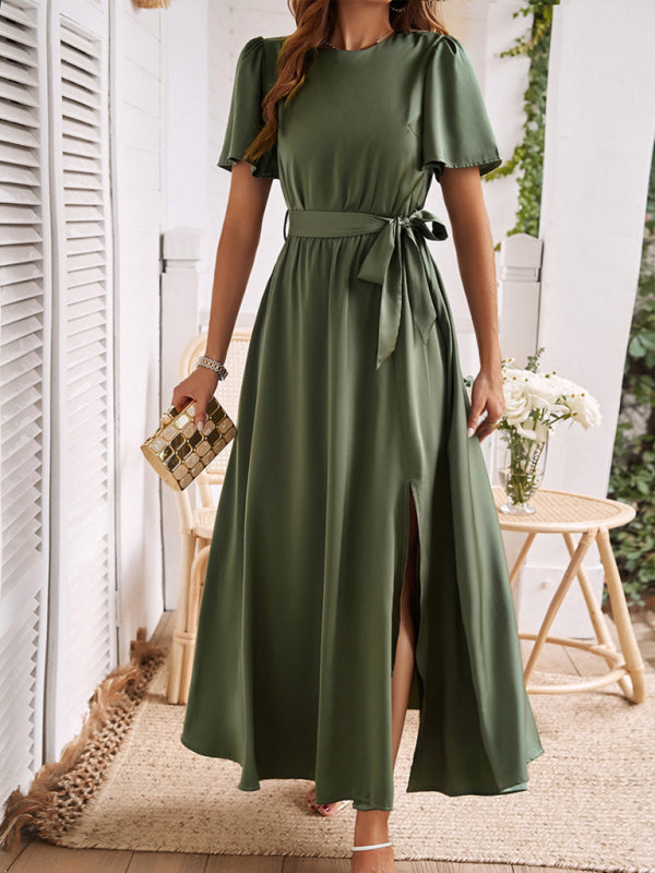 Blue Zone Planet | style solid color lace-up slit dress BLUE ZONE PLANET