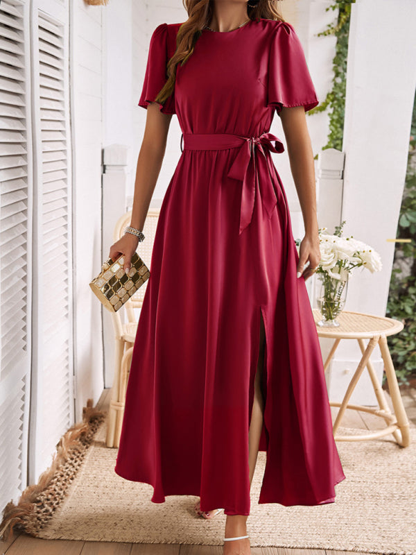 Blue Zone Planet | style solid color lace-up slit dress BLUE ZONE PLANET