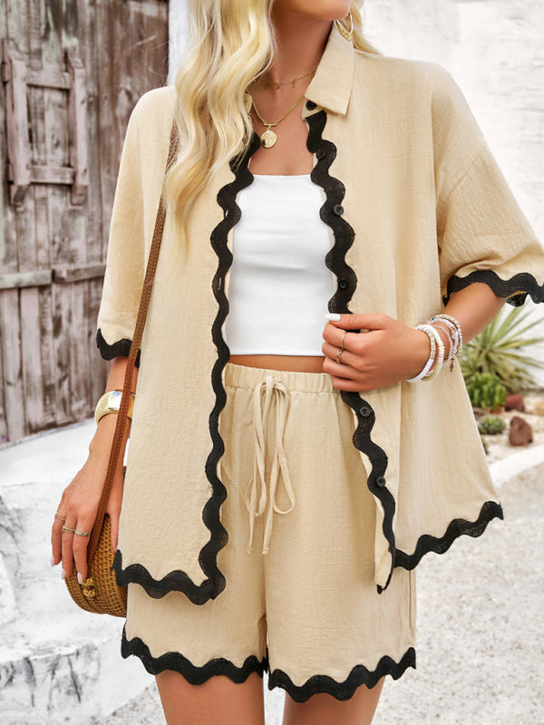 Blue Zone Planet | Spring and summer casual solid color lace shirt and shorts suit BLUE ZONE PLANET