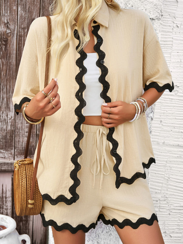 Blue Zone Planet | Spring and summer casual solid color lace shirt and shorts suit BLUE ZONE PLANET