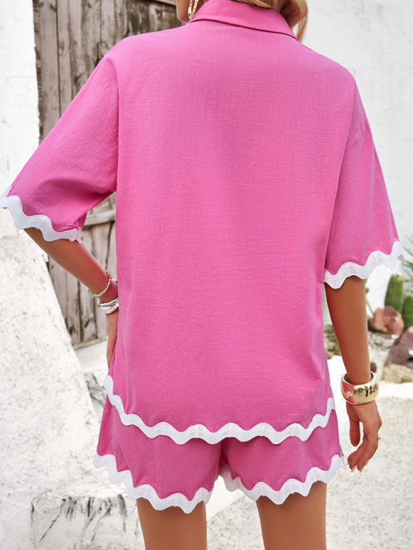 Blue Zone Planet | Spring and summer casual solid color lace shirt and shorts suit BLUE ZONE PLANET