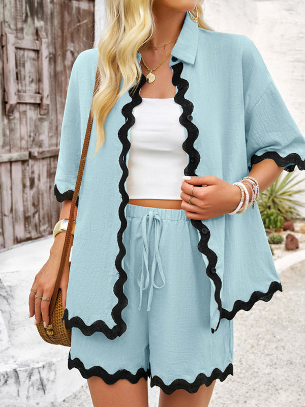 Blue Zone Planet | Spring and summer casual solid color lace shirt and shorts suit BLUE ZONE PLANET