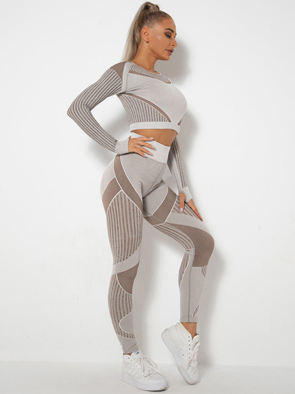 Blue Zone Planet | Seamless tight striped long-sleeved pants quick-drying yoga wear sportswear set BLUE ZONE PLANET