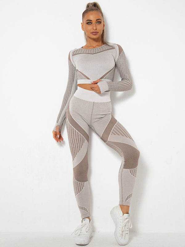 Blue Zone Planet | Seamless tight striped long-sleeved pants quick-drying yoga wear sportswear set BLUE ZONE PLANET