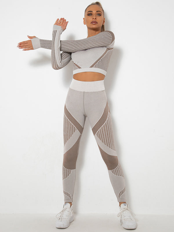 Blue Zone Planet | Seamless tight striped long-sleeved pants quick-drying yoga wear sportswear set BLUE ZONE PLANET
