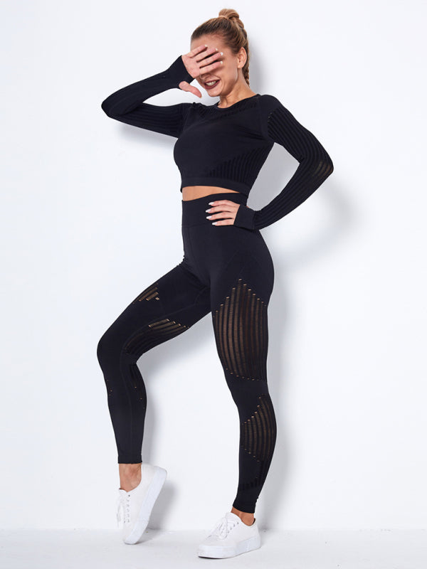 Blue Zone Planet | Seamless tight striped long-sleeved pants quick-drying yoga wear sportswear set BLUE ZONE PLANET
