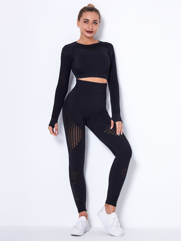 Blue Zone Planet | Seamless tight striped long-sleeved pants quick-drying yoga wear sportswear set BLUE ZONE PLANET