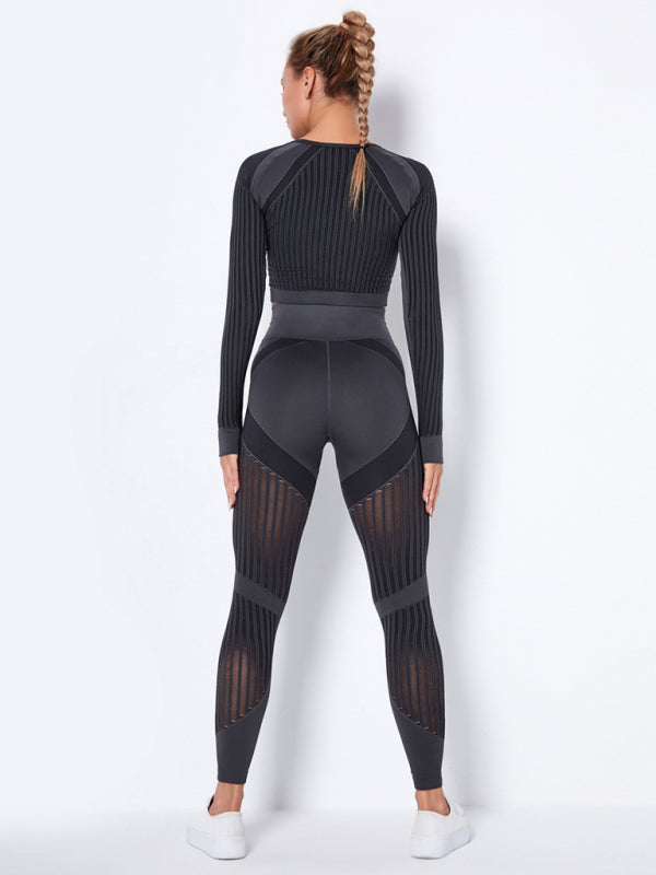 Blue Zone Planet | Seamless tight striped long-sleeved pants quick-drying yoga wear sportswear set BLUE ZONE PLANET