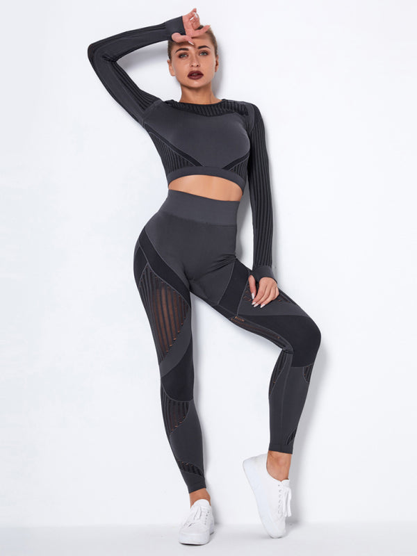 Blue Zone Planet | Seamless tight striped long-sleeved pants quick-drying yoga wear sportswear set BLUE ZONE PLANET