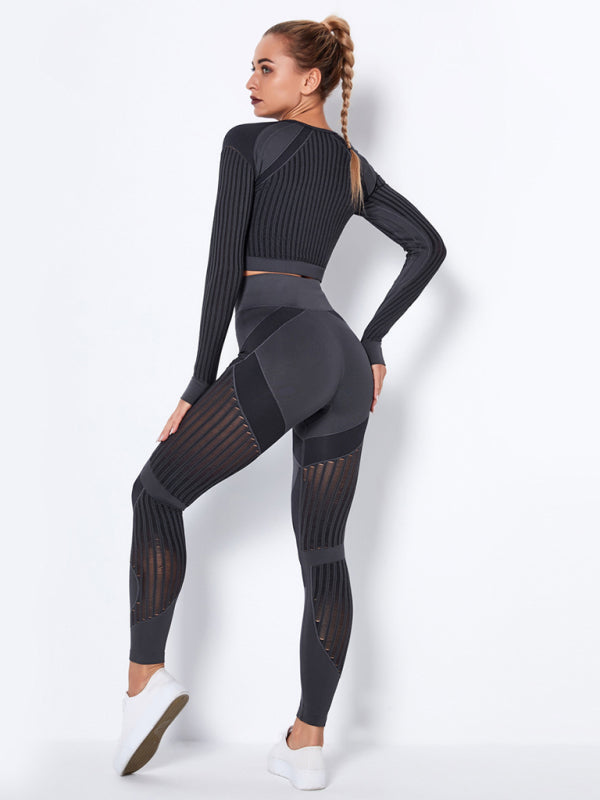 Blue Zone Planet | Seamless tight striped long-sleeved pants quick-drying yoga wear sportswear set BLUE ZONE PLANET