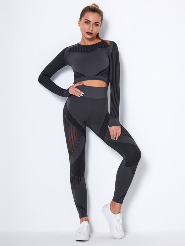 Blue Zone Planet | Seamless tight striped long-sleeved pants quick-drying yoga wear sportswear set BLUE ZONE PLANET
