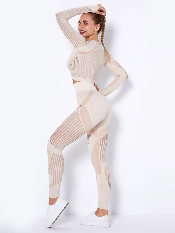 Blue Zone Planet | Seamless tight striped long-sleeved pants quick-drying yoga wear sportswear set BLUE ZONE PLANET