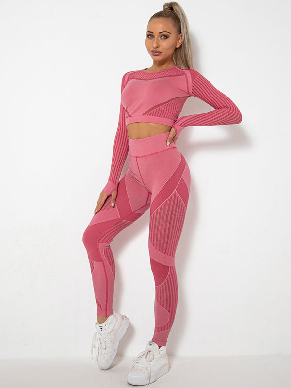 Blue Zone Planet | Seamless tight striped long-sleeved pants quick-drying yoga wear sportswear set BLUE ZONE PLANET