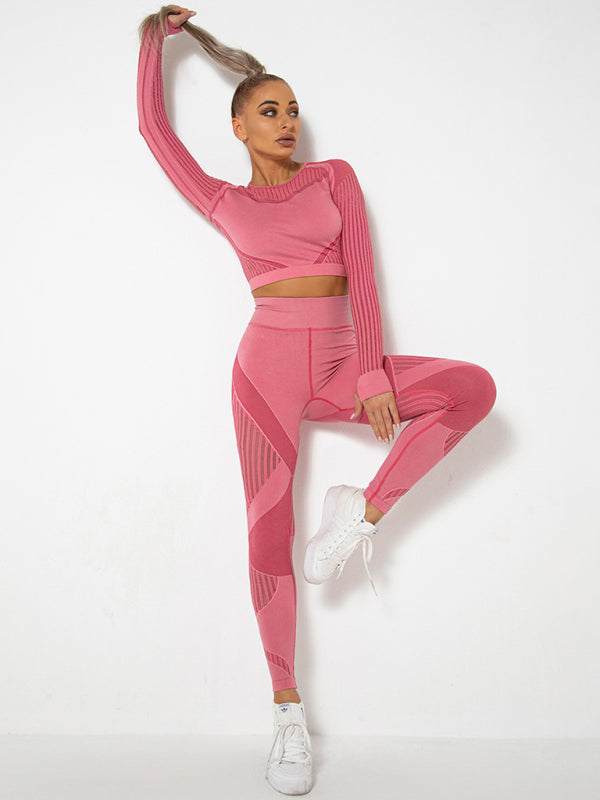 Blue Zone Planet | Seamless tight striped long-sleeved pants quick-drying yoga wear sportswear set BLUE ZONE PLANET