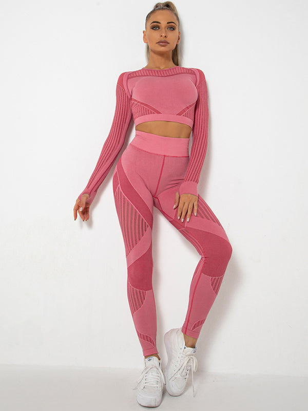 Blue Zone Planet | Seamless tight striped long-sleeved pants quick-drying yoga wear sportswear set BLUE ZONE PLANET