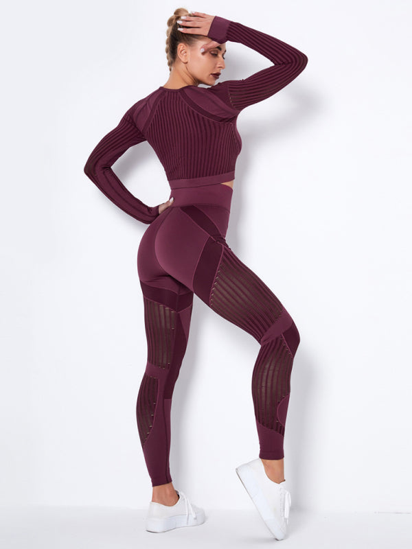 Blue Zone Planet | Seamless tight striped long-sleeved pants quick-drying yoga wear sportswear set BLUE ZONE PLANET