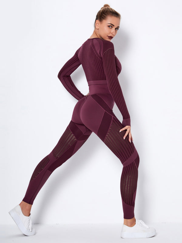 Blue Zone Planet | Seamless tight striped long-sleeved pants quick-drying yoga wear sportswear set BLUE ZONE PLANET