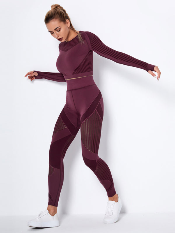 Blue Zone Planet | Seamless tight striped long-sleeved pants quick-drying yoga wear sportswear set BLUE ZONE PLANET
