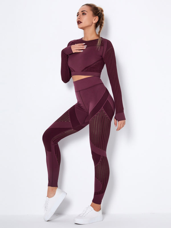 Blue Zone Planet | Seamless tight striped long-sleeved pants quick-drying yoga wear sportswear set BLUE ZONE PLANET