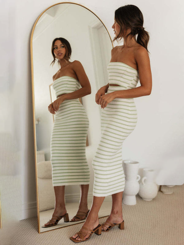 Blue Zone Planet | one-shoulder tube top striped knitted slim fit hip-hugging dress BLUE ZONE PLANET