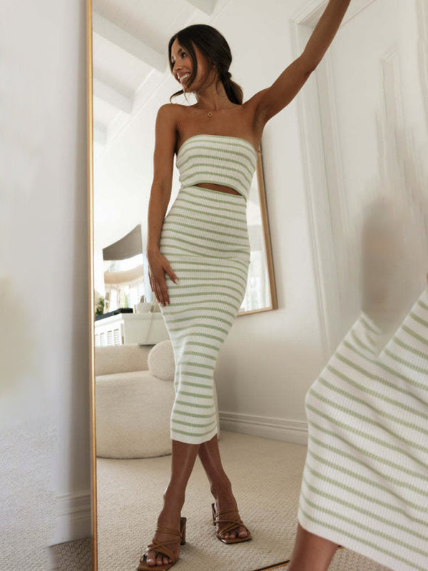 Blue Zone Planet | one-shoulder tube top striped knitted slim fit hip-hugging dress BLUE ZONE PLANET