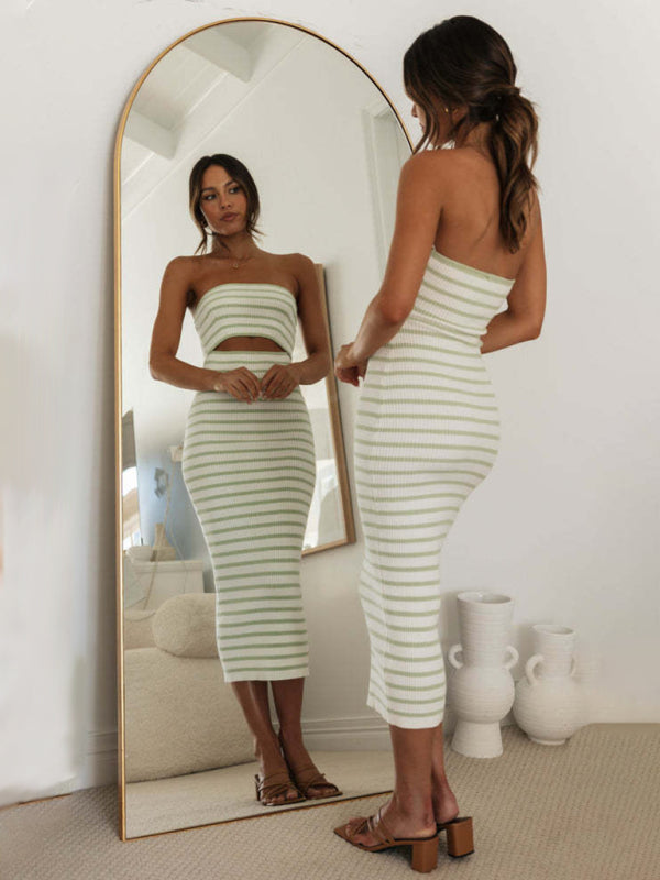 Blue Zone Planet | one-shoulder tube top striped knitted slim fit hip-hugging dress BLUE ZONE PLANET